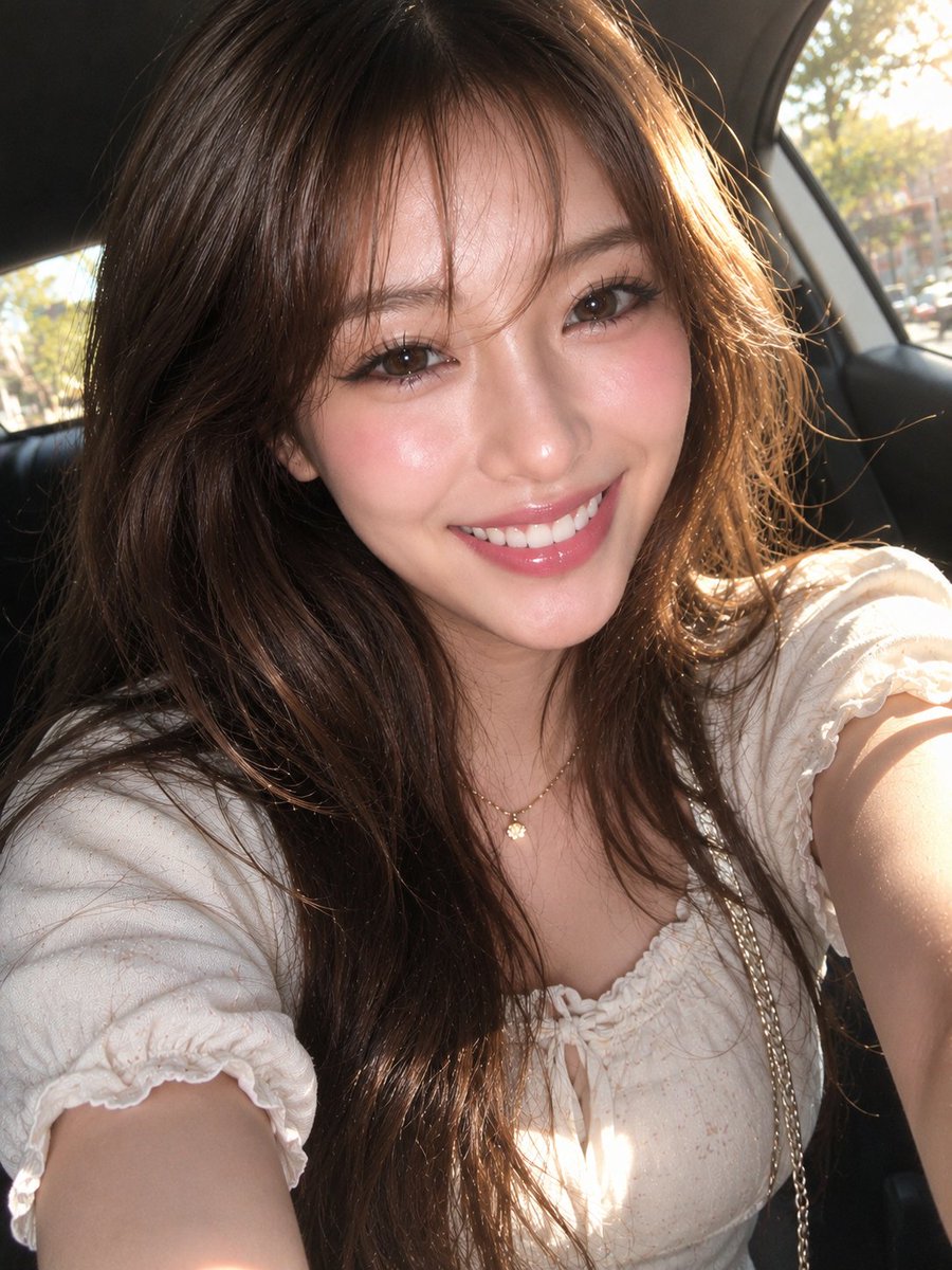 Selfie en voiture d'une femme d'Asie de l'Est (1/2)
