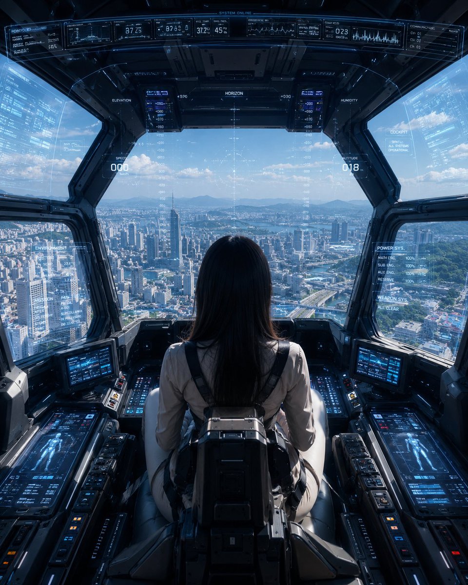 Pilota di Mech nella Cabina di Pilotaggio Sopra la Città