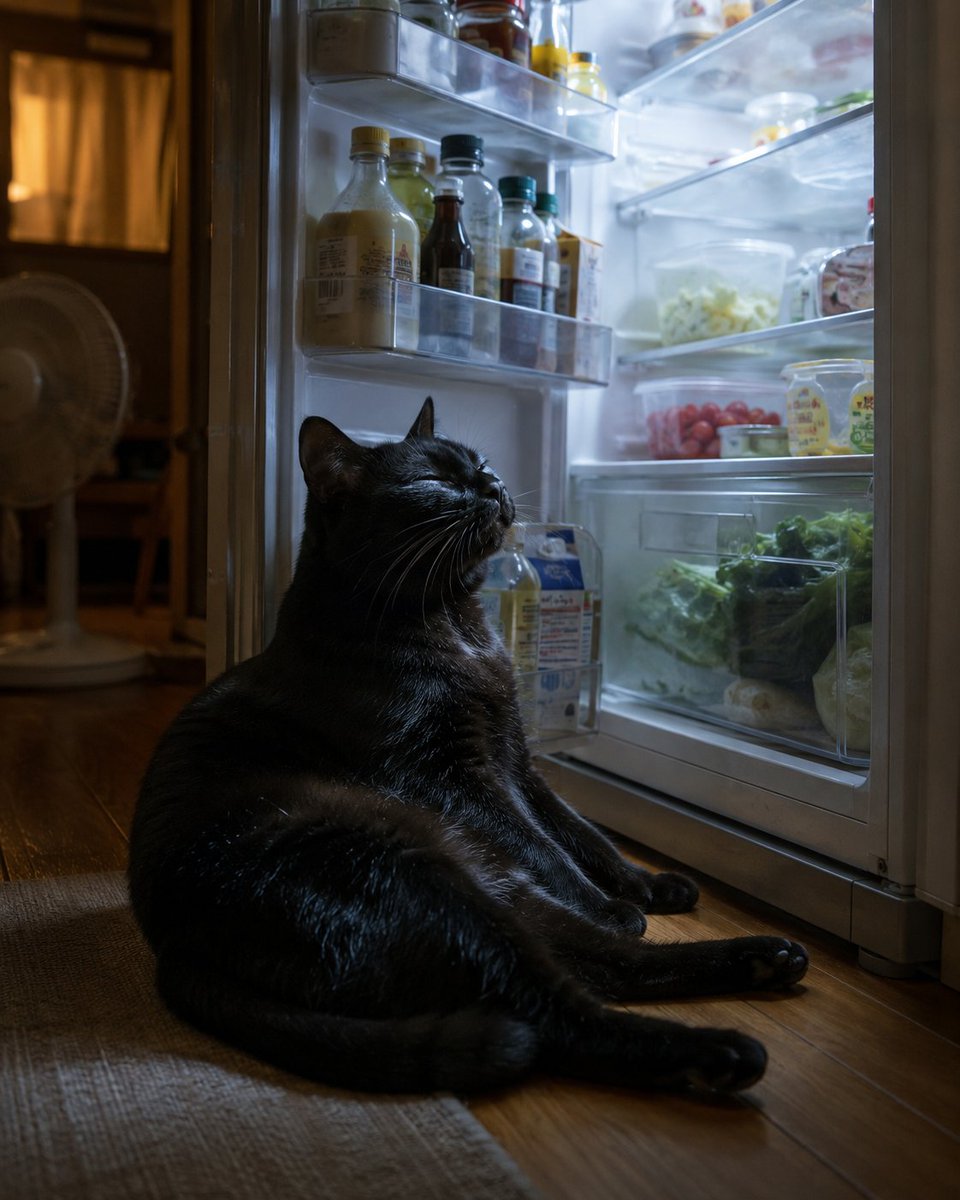 Black Cat Cooling by Open Fridge