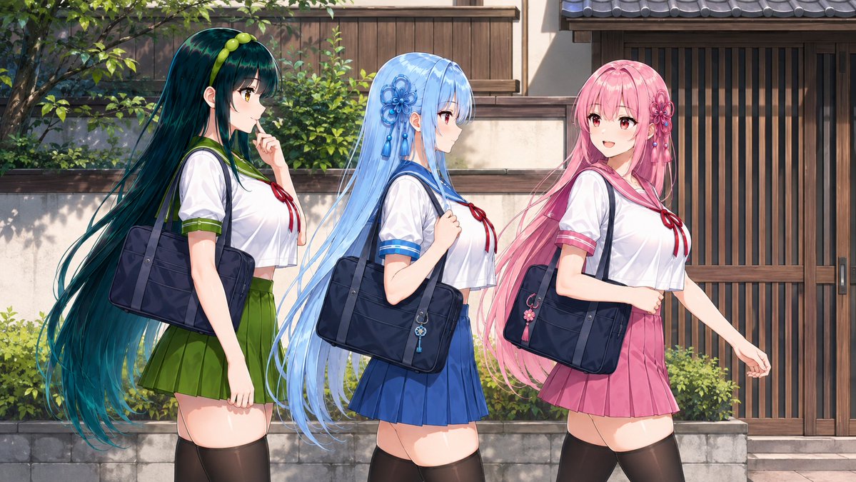 Drei Anime-Schülerinnen beim Gehen