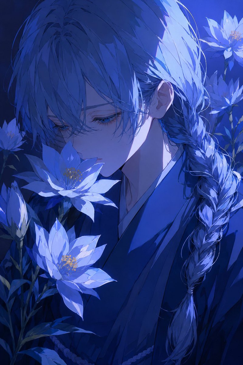Retrato de Anime de Flores Nocturnas Azules