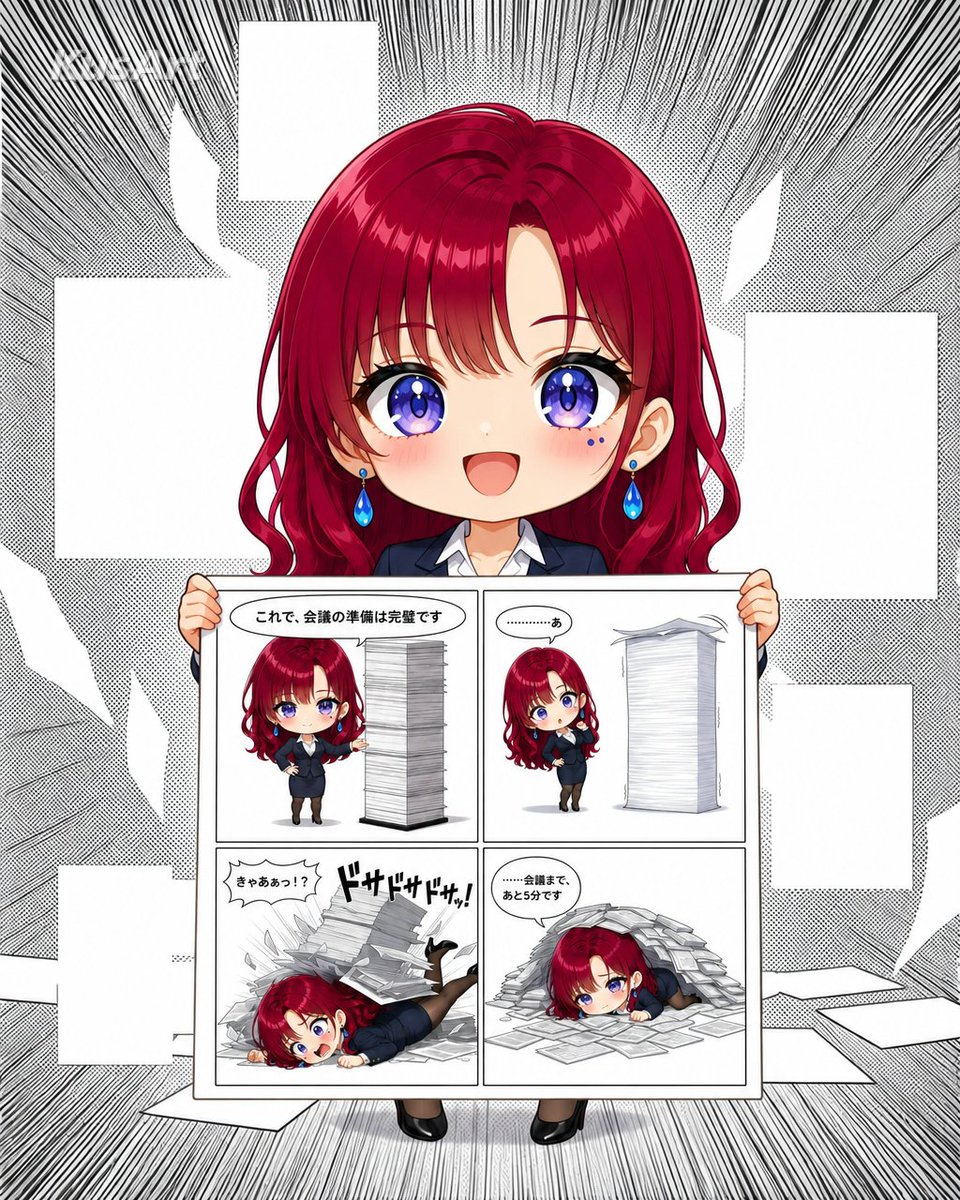 Chica de Oficina Chibi Sosteniendo Manga de 4 Paneles (1/2)