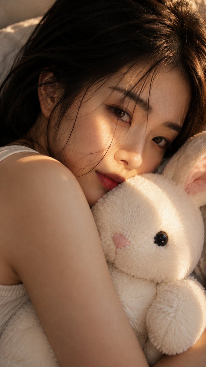 Gros plan femme avec lapin en peluche (1/2)