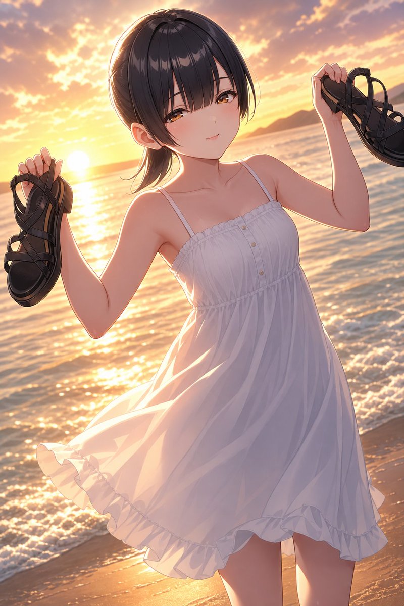 Anime Girl Holding Sandals at Sunset Beach