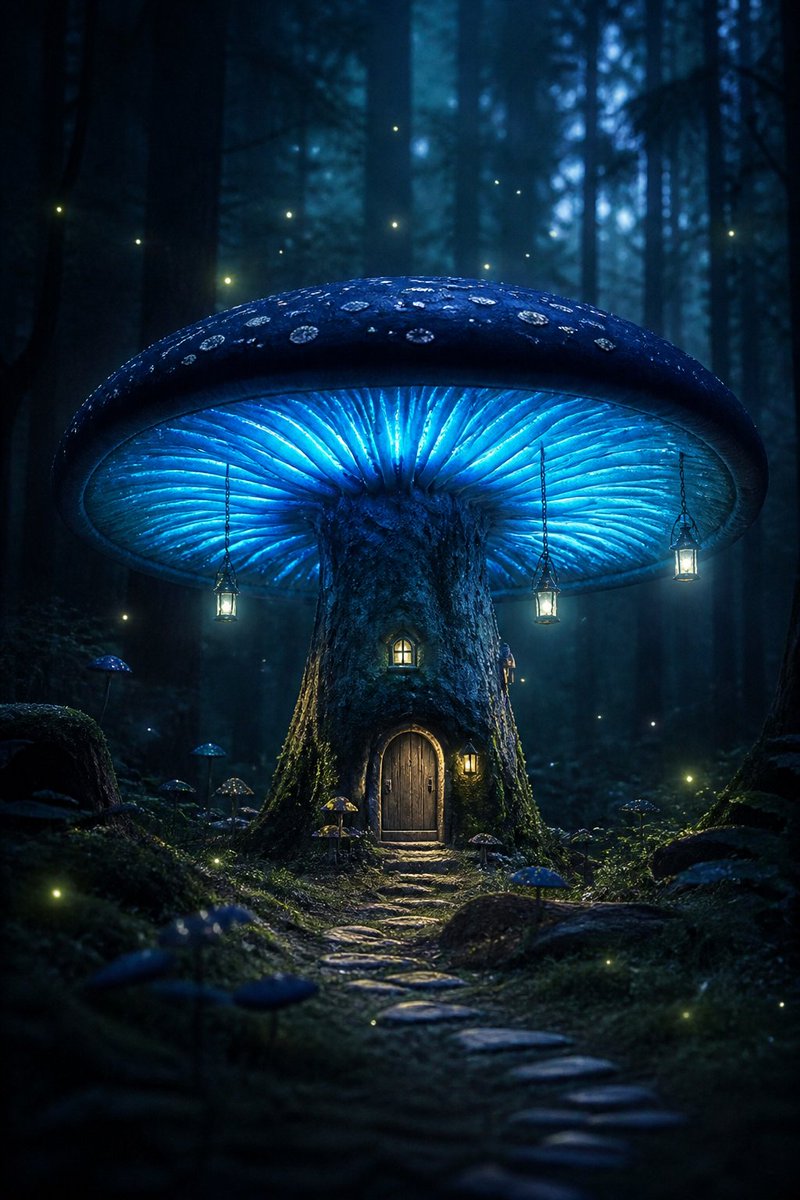 Bioluminescent Giant Mushroom in Dark Forest (1/2)