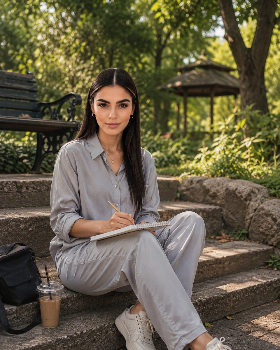 Portrait photoréaliste d'une femme dans un parc botanique