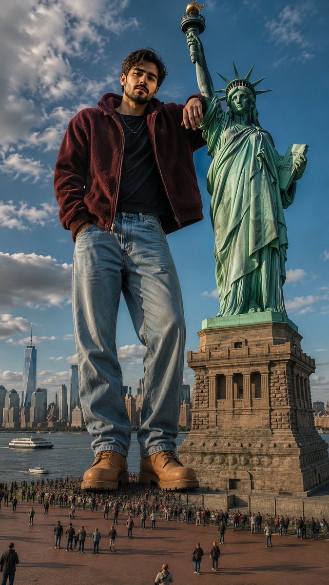 Uomo Gigante in Piedi vicino alla Statua della Libertà