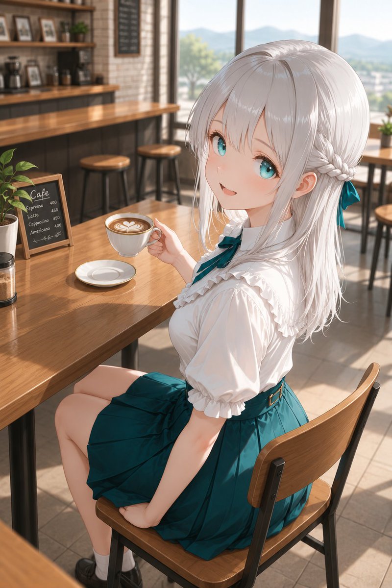 Chica de Pelo Plateado en Café Soleado