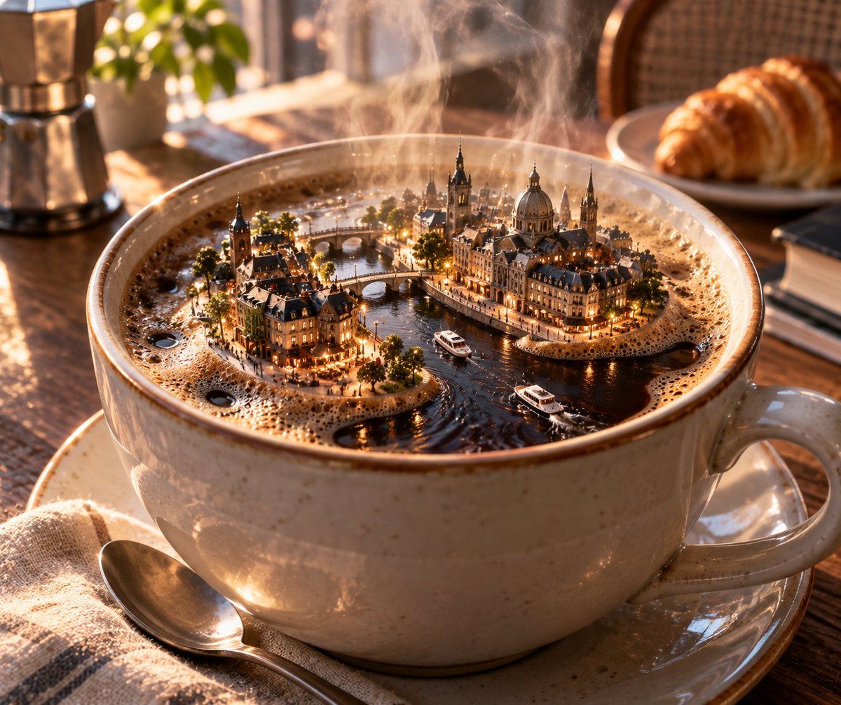 Mini-città nella tazza di caffè