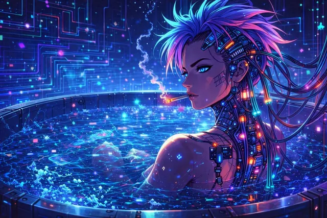 Karakter Anime Cyberpunk di Tabung Neon