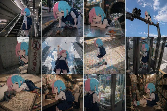 Anime-Charakter in realer Gitterwelt