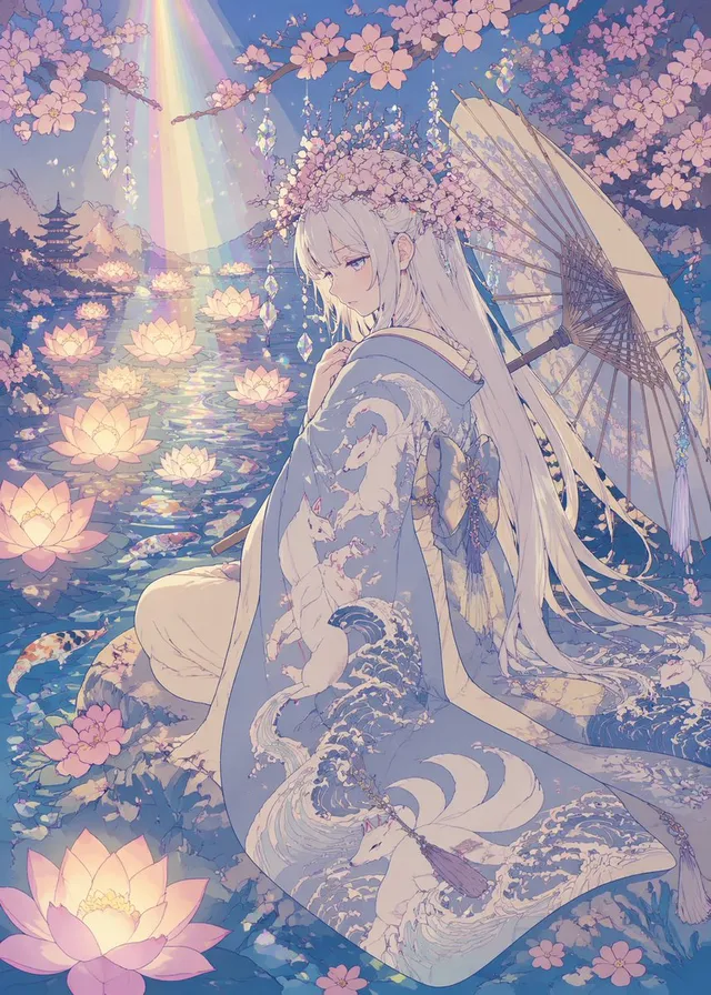 蓮池のパステルアニメ着物