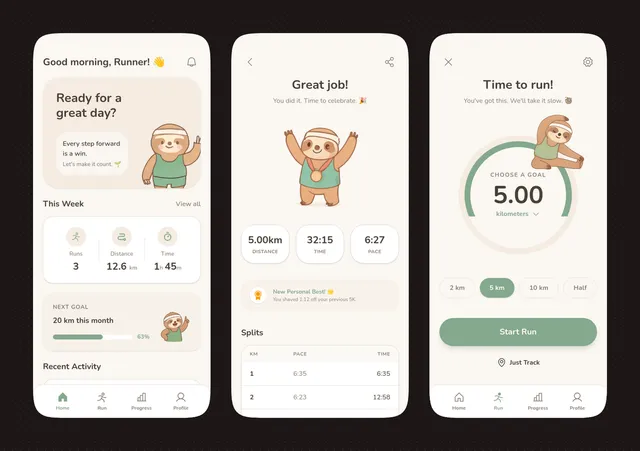 UI App Corsa Pastello con Mascotte Bradipo