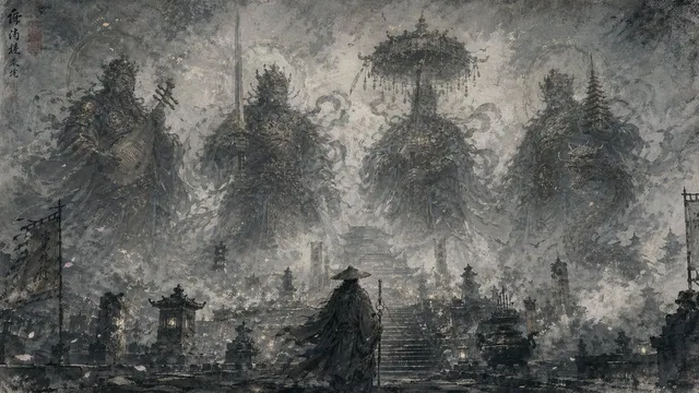 Östliche Tinten-Fantasy-Illustration