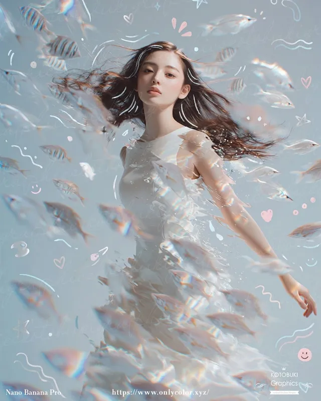 夢のような水中女性と半透明の魚