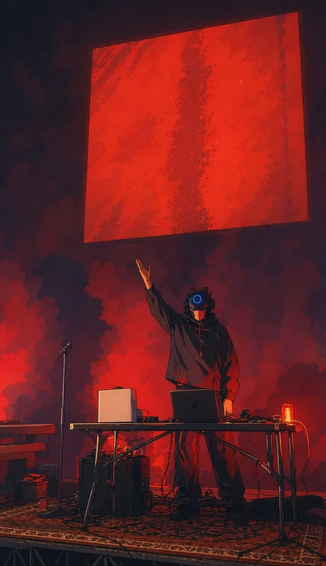 Cyber DJ unter einem roten Monolithen