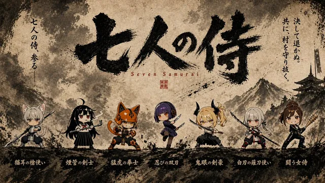 Seven Chibi Samurai Ink Poster