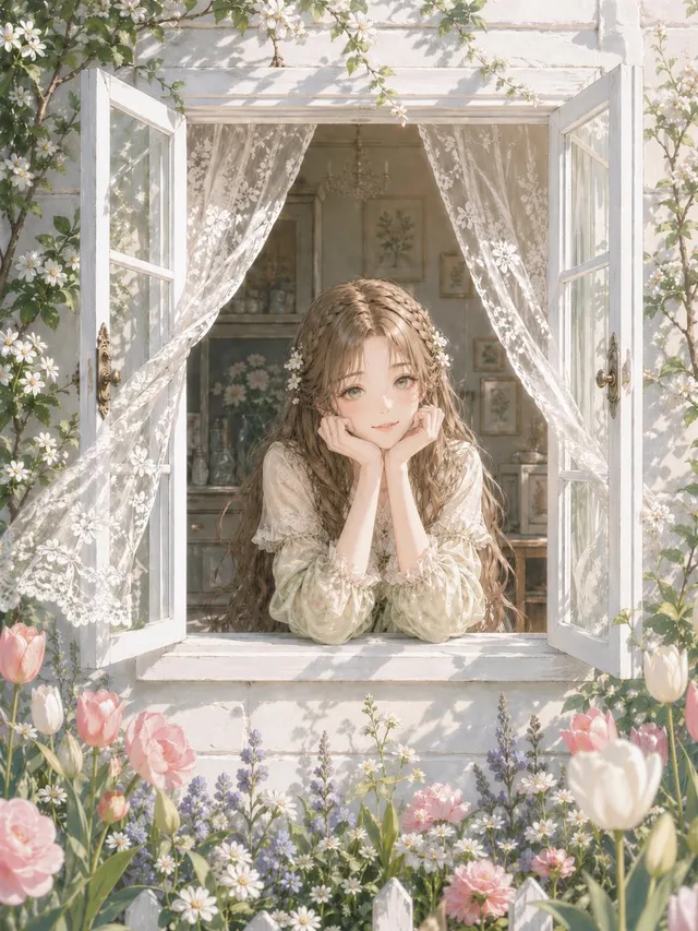 浪漫小屋窗户花园场景