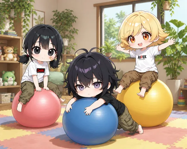 Niños Chibi Jugando con Pelotas de Ejercicio