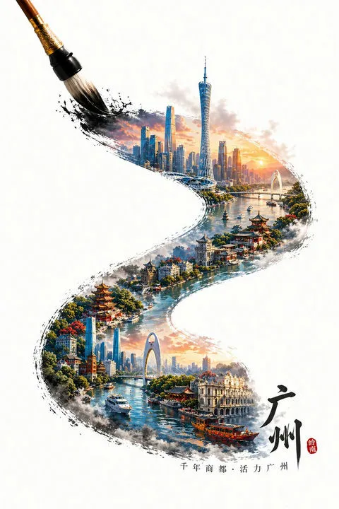 Cartaz de Viagem de Pincel de Tinta de Guangzhou