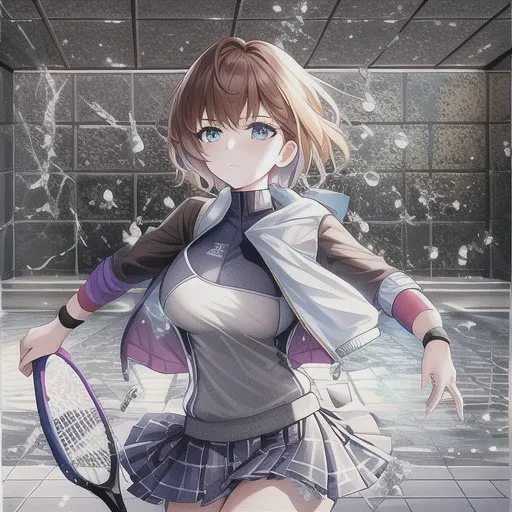 Chica de Tenis Anime en Cancha Interior Destrozada