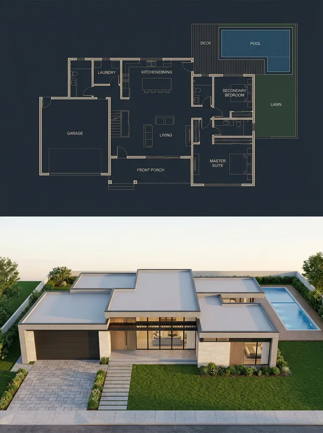 Split Blueprint and Modern House Render