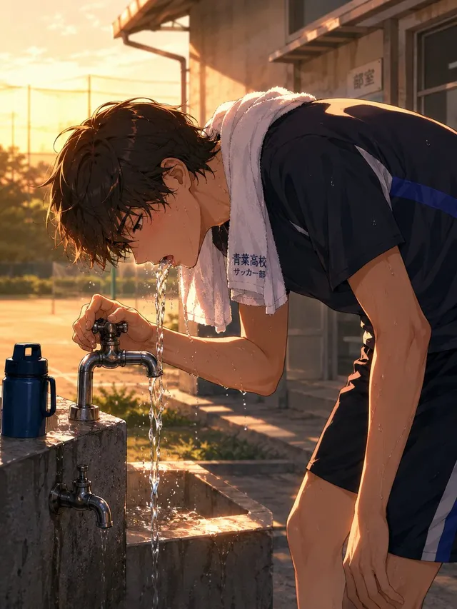 Anime Soccer Player at School Fountain