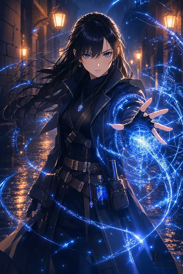 Blue Arcane Spellcaster in Rainy Alley