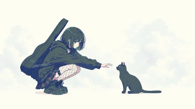 动漫少女伸手向猫