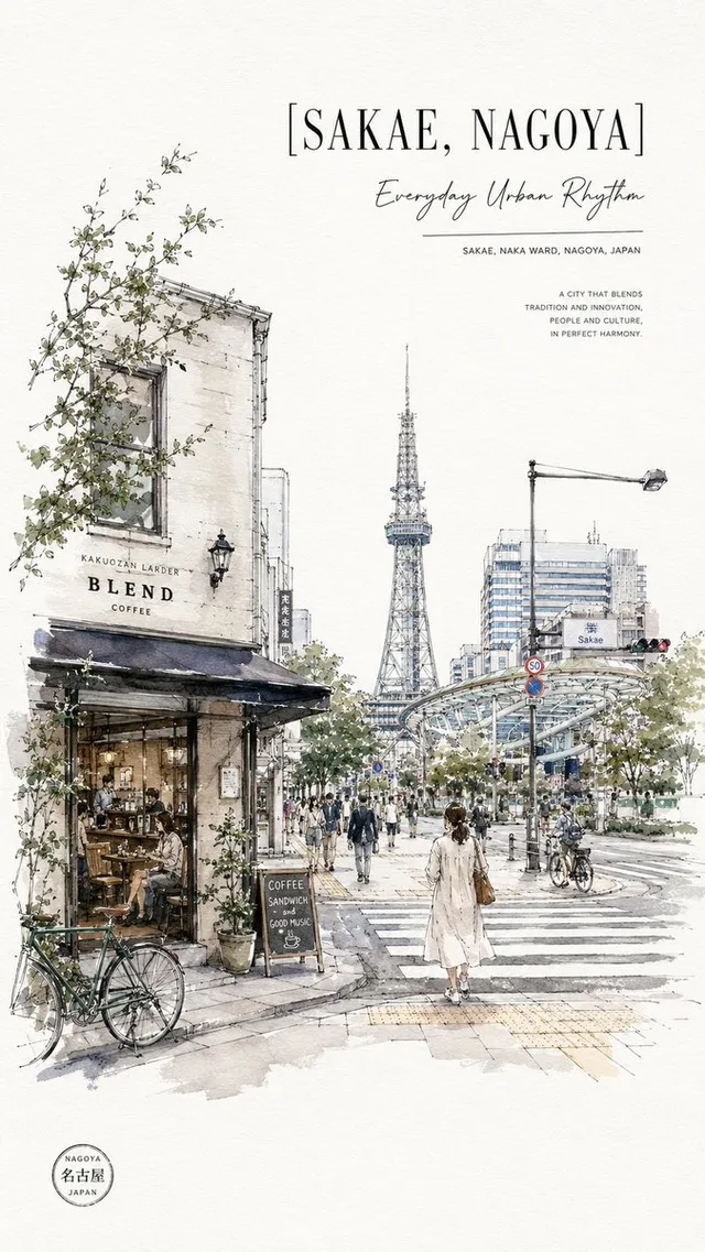 Poster Perjalanan Cat Air Sakae Nagoya