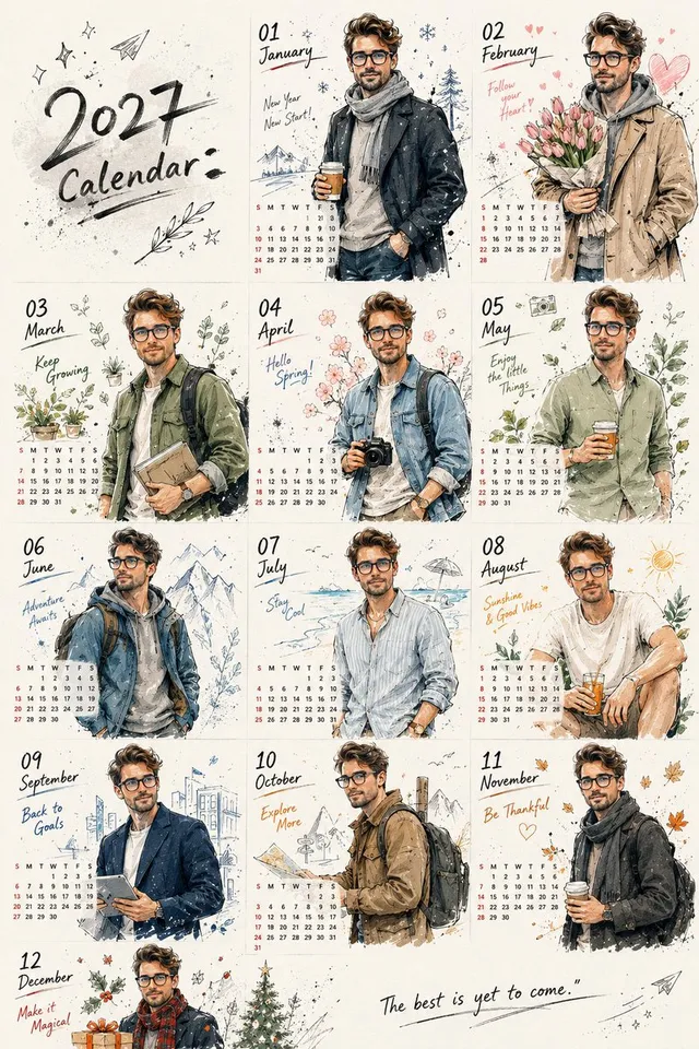 Calendário Personalizado em Estilo Doodle Coreano