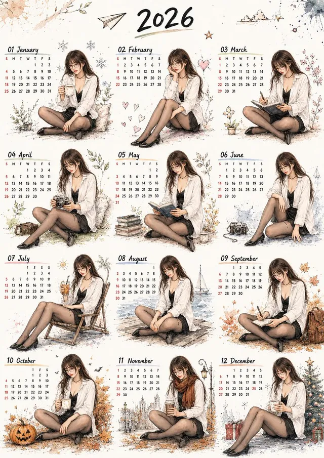 2026 Watercolor Hand-drawn Calendar