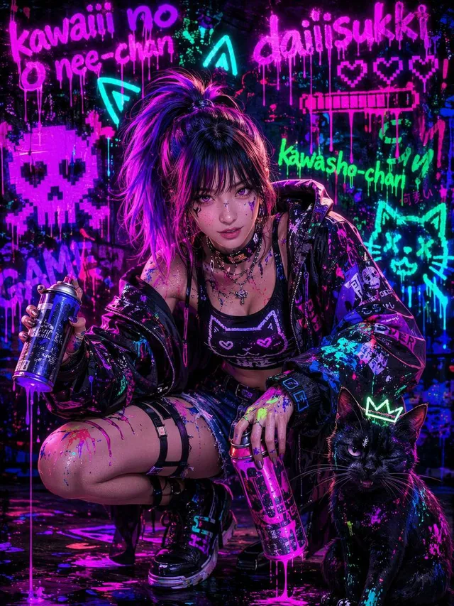 Gadis Grafiti Punk Neon dan Kucing