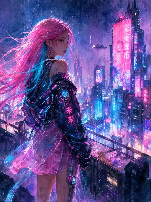 Watercolor Cyberpunk Rooftop Girl