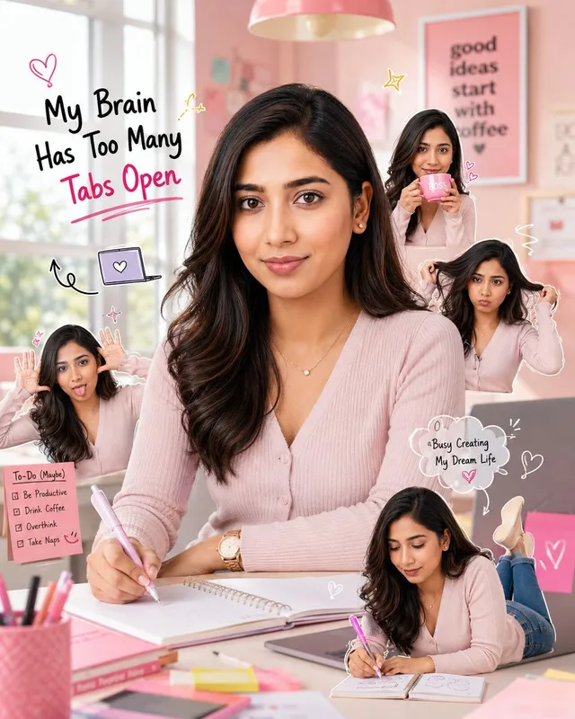Creative Pink Office Portrait with Chibi Characters