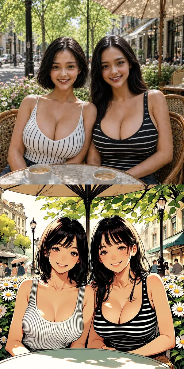 Twin Sisters Café Photo to Anime Comparison