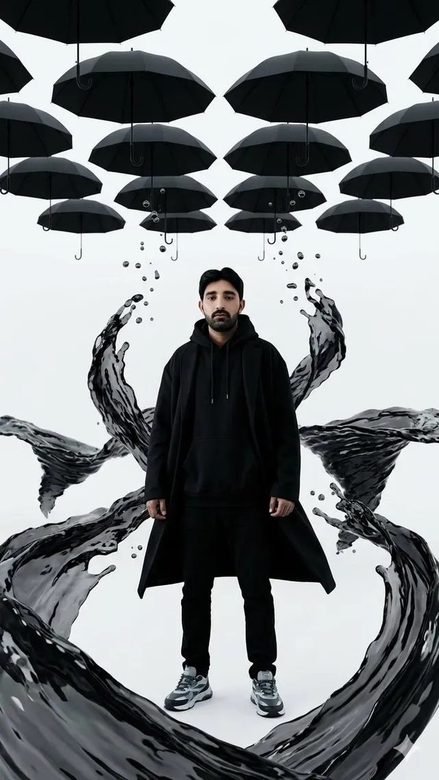 Surreal Man with Black Water and Umbrellas
