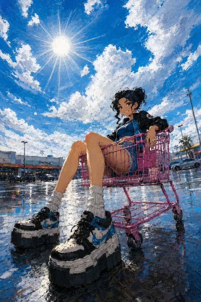 Stylized Oil Painting of Character in Shopping Cart
