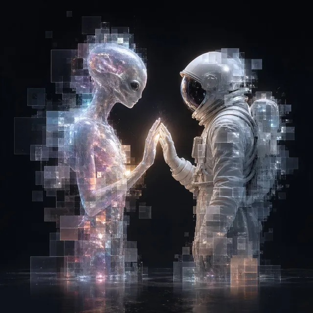 Pixel Glass Alien and Astronaut Encounter