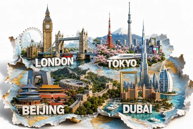 Colage de Mapa Mundial Emergente de Ciudades