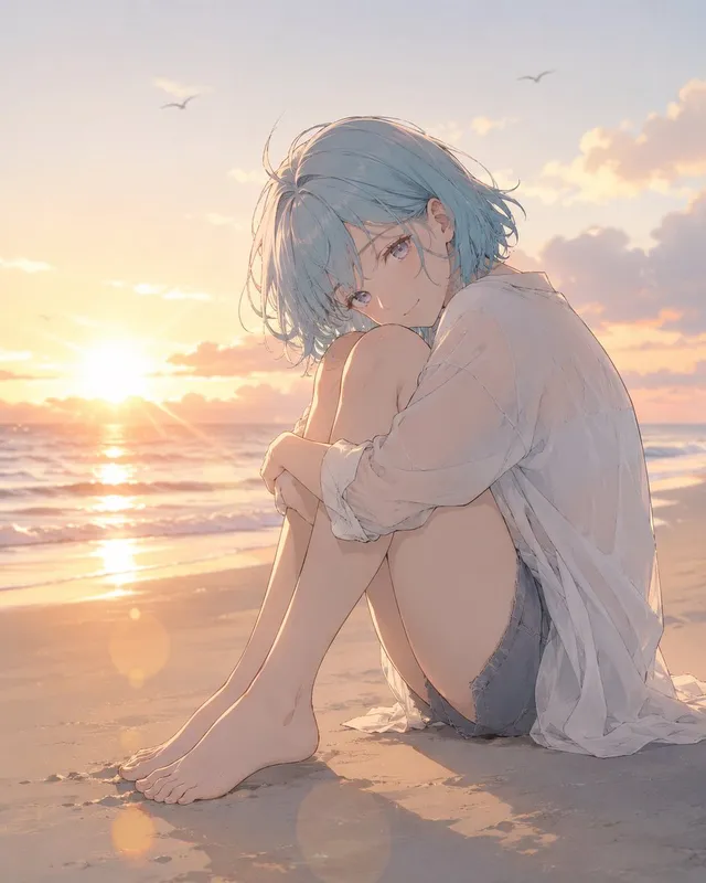 Anime Girl at Sunset Beach