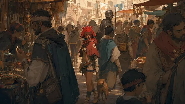 Cinematic Bustling Market Scene Sketch