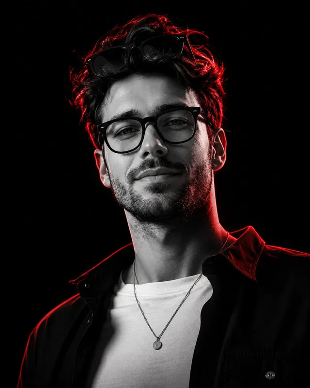 Monochrome Low-Angle Portrait with Red Glow