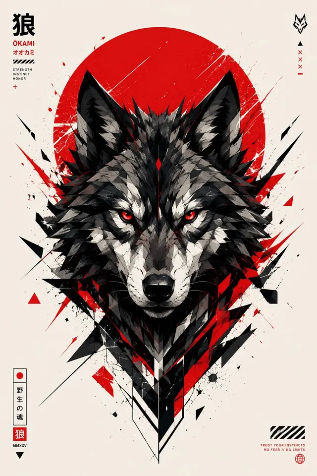 Póster japonés de cabeza de lobo geométrica