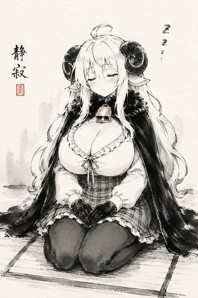 Fille mouton endormie Sumi-e