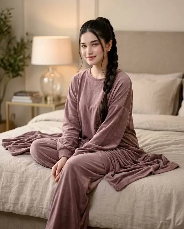 Portrait de chambre à coucher en loungewear mauve
