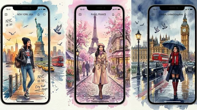 Aquarell Reise-App Handy-Mockups