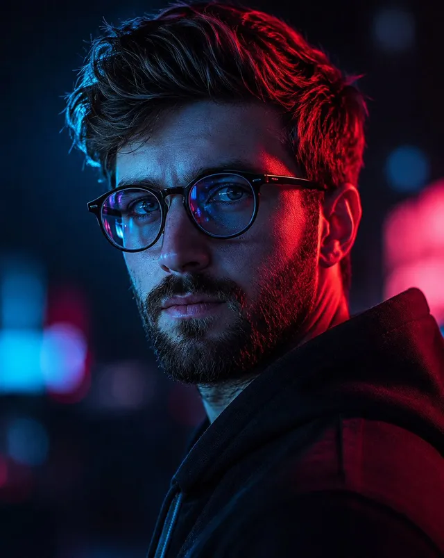Cyberpunk-Männerporträt mit Neonbeleuchtung