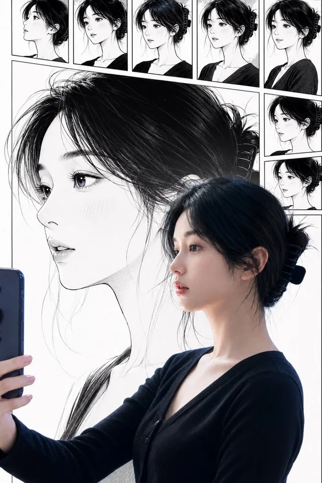 Donna Reale con Selfie Manga Corrispondente