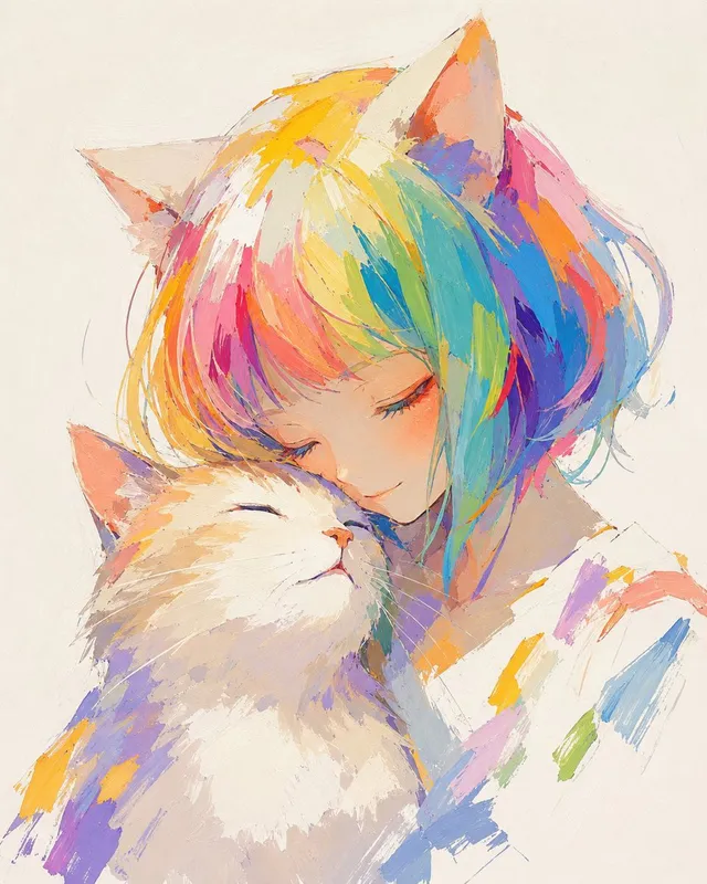 Rainbow Hair Cat Girl Painting